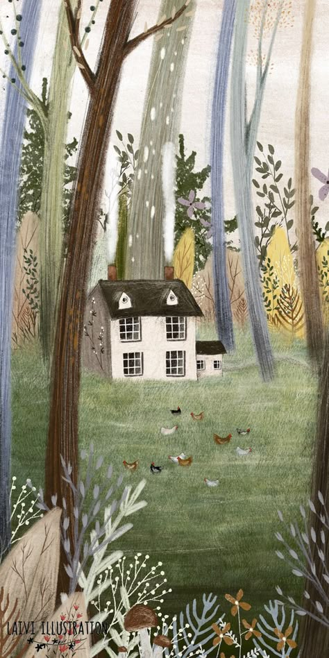 Cottage Core Wallpaper, Core Wallpaper, Cottage Illustration, Whimsical Illustration, Naive Art, Dreamy Art, الرسومات اللطيفة, Whimsical Art, In The Woods