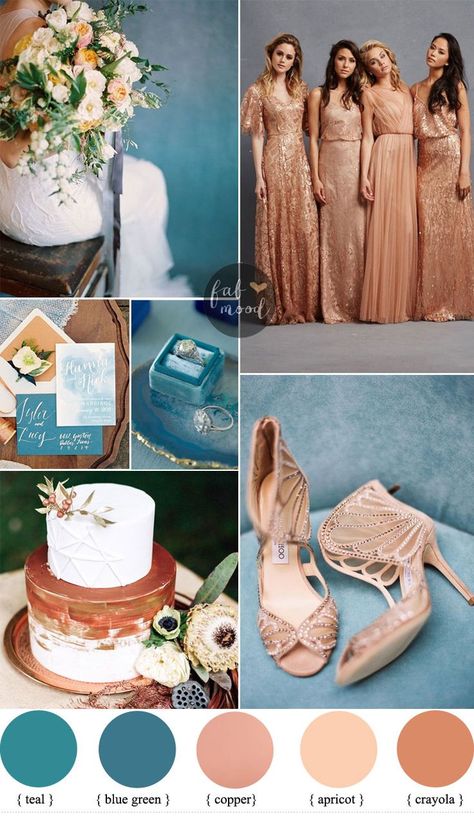 Teal and Copper Wedding Palette + Copper Bridesmaids Dresses | Fab Mood #teal #copper #wedding Copper Bridesmaids Dresses, Teal And Copper Wedding, Copper Wedding Colors, Copper Bridesmaid Dresses, Teal And Copper, Fab Mood, Best Wedding Colors, Gold Bridesmaid Dresses, Copper Wedding