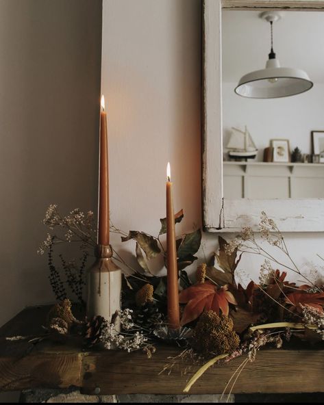 Autumn Interior Aesthetic, Fall Taper Candle Decor, Dusty Autumn, Fall Candle Centerpieces, Strega Nona, Mantelpiece Decor, Vintage Fall Decor, Autumn Interior, Boiling Pasta