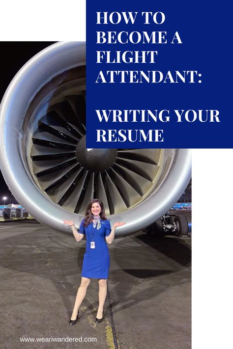 This is a photo of a flight attendant in black heels and a blue dress with a scarf ties around her neck. She is standing in front of a huge jet engine. Life As A Flight Attendant, Flight Attendant Job, Corporate Flight Attendant, Fly Attendant, Flight Attendant Interview, Southwest Airlines Flight Attendant, Flight Attendant Resume, Flight Attendant Interview Questions, Customer Service Skills