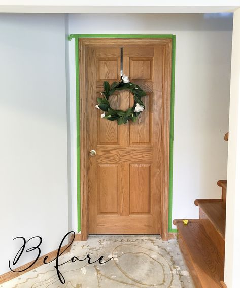 Interior Front Door Color With Oak Trim, Modern Oak Interior Doors, Wood Trim To White Before And After, Painted Trim Before And After, Painting Trim White Before And After, Oak Doors White Trim, Wooden Door Painting Ideas, White Trim With Stained Doors, Maple Doors Interior