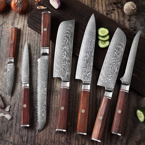 Damascus Kitchen Knives, Damascus Steel Knife, Santoku Knife, Knife Set Kitchen, Paring Knife, Kitchen Knife, Steel Kitchen, Knife Sets, Cooking Tools