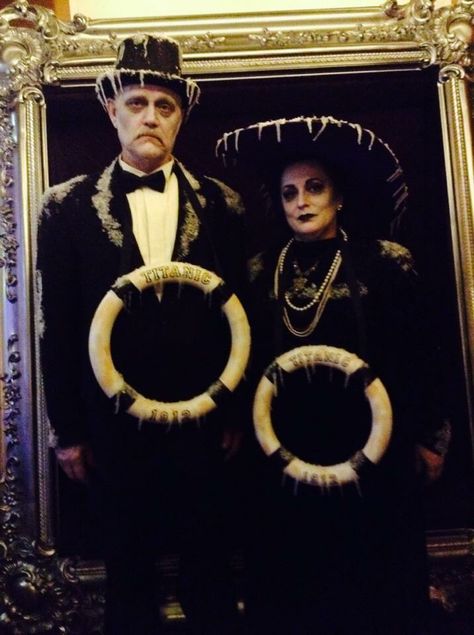 Our dark, yet fun Victims of the Titanic Halloween costumes. We won First Place on our Caribbean Cruise! Made from thrift store and craft store finds. Titanic Passenger Costume, Titanic Halloween Costume, Thrift Store Halloween Costume, Titanic Costume, Halloween Couples, Scary Halloween Costume, The Titanic, Fright Night, Halloween 2018