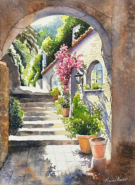 World Watercolor Group | Sunlit florals and foliage | Facebook City Watercolor Painting, Watercolour Architecture, Watercolour Reference, Watercolour House, Italy Watercolor, World Watercolor, Wedding Exhibition, Architecture Photography Buildings, Foliage Watercolor