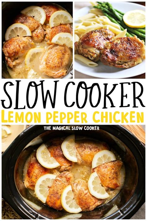 Lemon Pepper Chicken Thighs, Maria Martin, Magical Slow Cooker, The Magical Slow Cooker, Chicken Thigh Recipes Crockpot, Lemon Pepper Chicken, Pepper Chicken, Garlic Clove, Crockpot Dishes