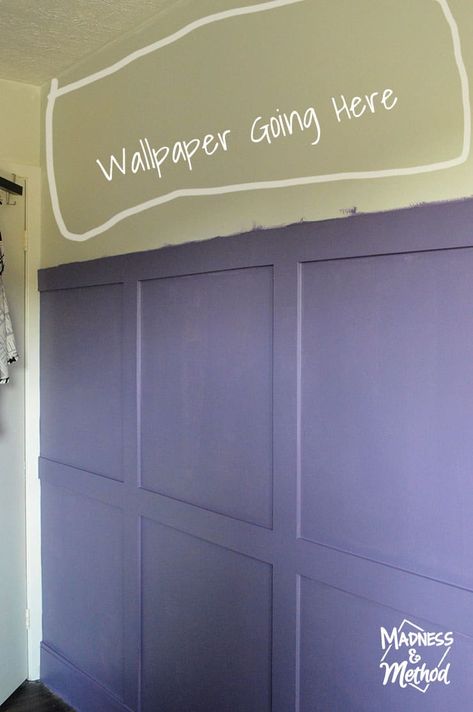 Looking for modern floral wallpaper with some purple? Check out this great roundup and follow the bedroom progress for the Spring 2020 One Room Challenge. Purple Board And Batten Nursery, Lavender Board And Batten Wall, Purple Shiplap Wall, Purple Panelling Bedroom, Purple Board And Batten Wall, Purple Board And Batten, Purple Panelling, Purple Accent Wall, Lilac Bedroom