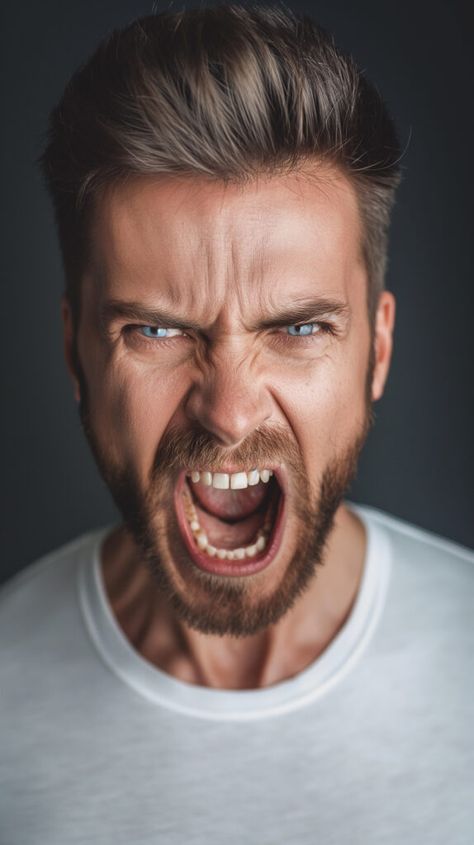 Discover and download free images #Intense Emotion: #Portrait of a #Man in a #Fierce #Roar https://aifusionart.com/intense-emotion-portrait-of-a-man-in-a-fierce-roar/?utm_source=facebook&utm_medium=social&utm_campaign=ReviveOldPost #Anger #Shouting #whitetshirt Man Screaming Reference, Angry Face Reference, Angry Reference, Anger Character, Stressed Face, Angry Portrait, Emotion Portrait, Man Screaming, Intense Stare