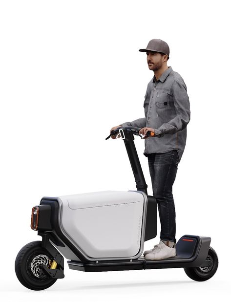 A rider on his scootility electric cargo scooter Electric Station, Electric Bike Diy, Bike Cart, Concept Motorcycles, Urban Commuter, Kick Scooter, New Inventions, Cargo Bike, Mobility Scooter