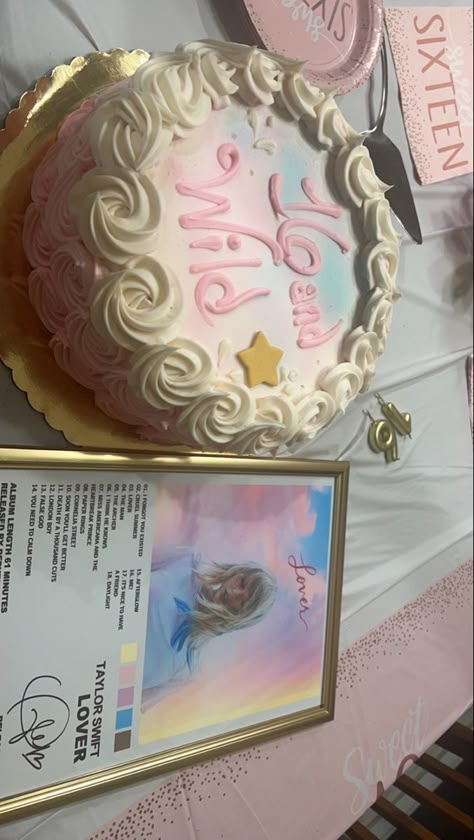 16 Birthday Taylor Swift, Taylor Swift Themed Cake 16, Sweet 16 Cakes Taylor Swift, Taylor Swift Birthday Lover, Lover Themed Cake Taylor Swift, Sixteen And Wild Cake, Sweet 16 Taylor Swift Cake, 16 Taylor Swift Cake, Taylor Swift Cake Ideas Birthday Lover