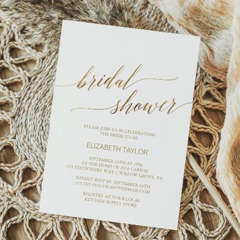 $2.92 | Elegant Gold Calligraphy Bridal Shower #bridal shower, elegant wedding shower, fall cheap bridal shower, calligraphy inexpensive bridal shower, gold foil, simple, modern chic, neutral, whimsical typography, romantic minimalist k023 Bridal Shower Gold Theme, White And Gold Bridal Shower Ideas, Gold Bridal Shower Ideas, Bridal Shower Elegant, Whimsical Typography, Minimalist Card, White Bridal Shower, Minimalist Cards, Gold Calligraphy