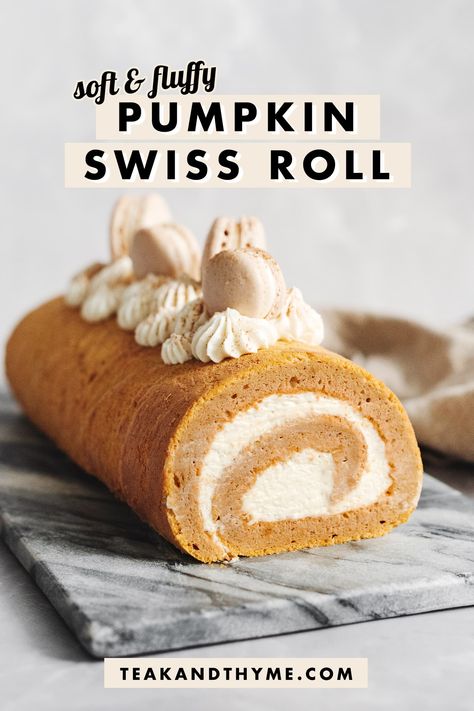 This pumpkin swiss roll is the fluffy roll cake of your dreams with a moist and airy pumpkin sponge cake, rolled with a whipped cream cheese filling, and topped with cinnamon spiced macarons. #swissroll #pumpkinroll #pumpkin #fallbaking | teakandthyme.com Pumpkin Swiss Roll, Whipped Cream Cheese Filling, Pumpkin Rolls, Pumpkin Roll Cake, Pumpkin Rolls Recipe, Swiss Roll Cake, Cake Roll Recipes, Thanksgiving Cakes, Easy Lunch Ideas