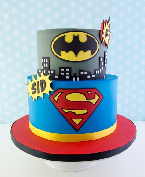 Superheroes! - Cake by Maria Superhero Cakes, Super Hero Cake, Batman Birthday Cakes, Superman Cakes, Superhero Birthday Cake, Batman Cake, Superhero Cake, Batman Birthday, Spiderman Cake