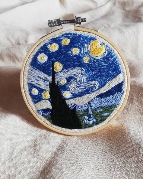 Embroidery starry night Starry Night Embroidery, Night Embroidery, Van Gogh The Starry Night, Embroidery Wall Decor, Gogh The Starry Night, Embroidered Hoop, Embroidery Wall, The Starry Night, Famous Artwork