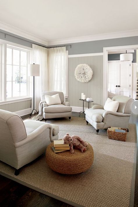 Style at Home - living rooms - two tone gray walls, slate gray, pale gray, tongue and groove paneling Tongue And Groove Panelling, Furniture Placement, Transitional Living Rooms, Chair Rail, Living Room Remodel, Family Room Design, Room Remodeling, Style At Home, Living Room Style