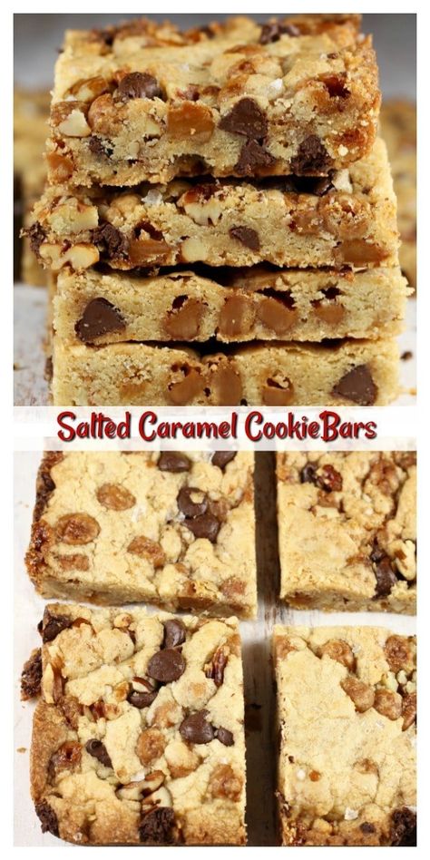 Salted Caramel Cookie Bars {Easy Recipe} - Miss in the Kitchen Salted Caramel Cookie Bars, Bars With Chocolate Chips, Caramel Cookie Bars, Salted Caramel Cookie, Salted Caramel Bars, Caramel Cookies Bars, Caramel Bites, Cookie Bars Easy, Salted Caramel Cookies