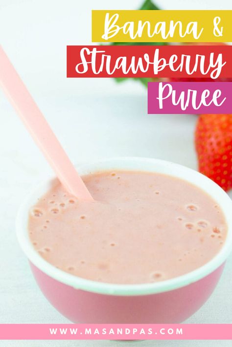 A delicious and tasty puree recipe for weaning your baby and introducing them to new tastes and flavors! Made with banana and organic strawberries - your baby will love it. Perfect for babies 6 months of age or older that are switching to a puree diet during weaning. #babyweaning #babypuree #pureerecipe #babyfoodrecipe #weaningbaby Baby Weaning Recipes, Homemade Baby Puffs, Chicken Sticks, Banana Puree, Banana Baby Food, Baby Food By Age, Diy Baby Food, Baby First Foods, No Cook