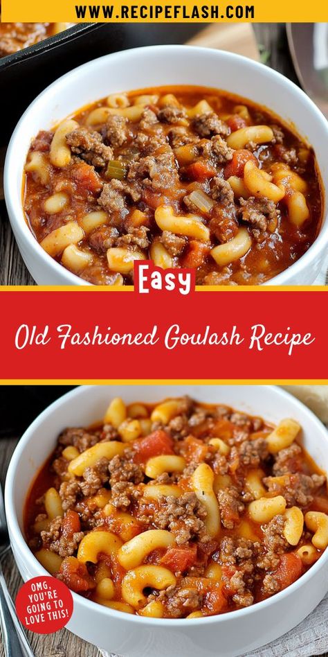 Craving a hearty comfort food that warms the soul? This Old Fashioned Goulash Recipe is a timeless dish featuring ground beef and pasta, perfect for family dinners! Save this recipe for an easy weeknight meal that everyone will love. Perfect for your collection of Ground Beef Recipes! Easy Beef Goulash Recipes, Best Goulash Recipes Beef, Handmade Pasta Recipe, Classic Goulash Recipe, Ground Beef And Pasta, Best Goulash Recipes, Beef And Pasta, Ground Beef Crockpot Recipes, Easy Goulash Recipes