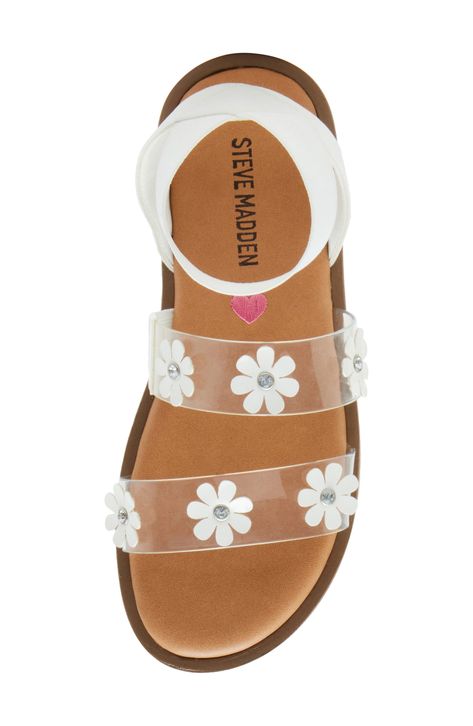 A soft elastic strap comfortably secures a fanciful sandal with two clear straps featuring sparkling crystals and daisy flowers. Synthetic upper, lining and sole Imported Kids Footwear, Embellished Sandals, Daisy Flowers, Kids Sandals, Nordstrom Store, Sparkling Crystal, Daisy Flower, Birthday Presents, Kid Shoes