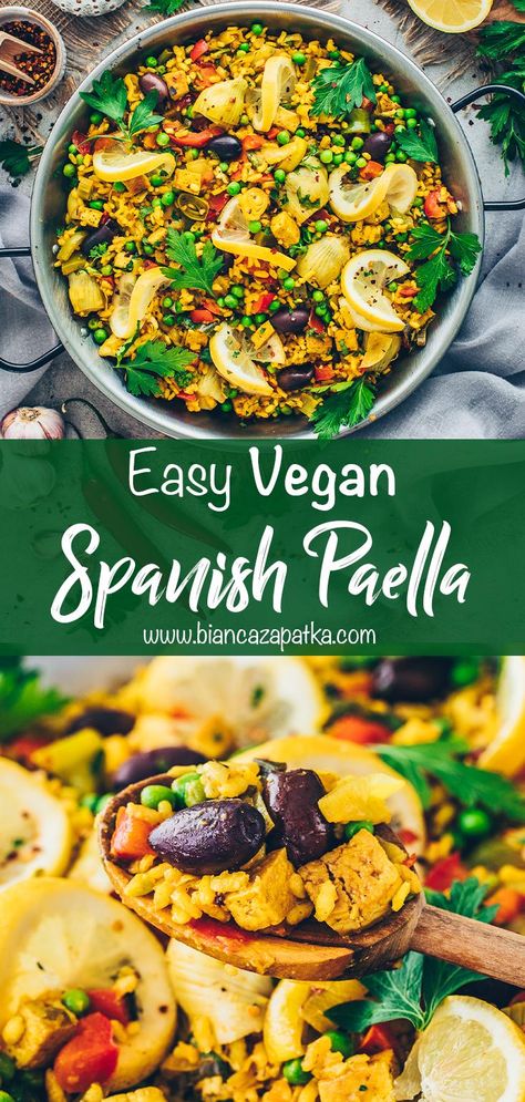 Vegan Spanish Paella This easy vegan version of the popular Spanish Paella recipe is bursting with spices, filled with stunning colors, and is mouthwateringly fragrant! It is a meat-less and fish-free one-pan dish that captures all the comforting, robust, and warm flavors of the traditional Valencian rice dish. Vegan Paella Spanish, Vegetarian Spanish Food, Vegetarian Paella Spanish, Veg Paella Recipe, Veggie Paella Recipe, Vegan Spanish Food, Vegan Paella Recipe, Paella Recipe Vegetarian, Spanish Vegetarian Recipes