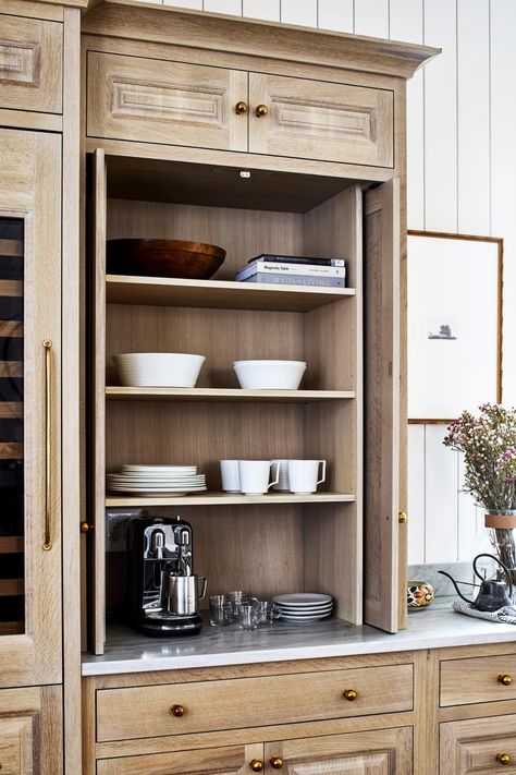 oak open shelving with pocket cabinet doors alison giese Pocket Cabinet Doors, Pocket Cabinet, Coffee Station Kitchen, Devol Kitchens, Cabinet Fronts, Kitchen Redesign, Home Coffee Bar, Open Kitchen Shelves, Coffee Bar Home