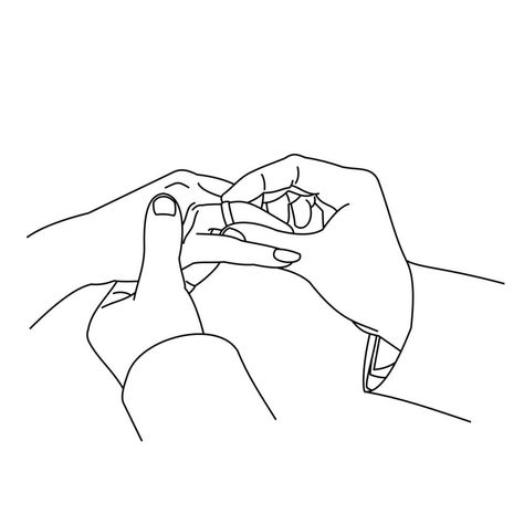 Illustration of line drawing a closeup of hands exchanging wedding rings. Wedding couple hands. Groom put a wedding ring on bride hand. Man placing an engagement ring on his girlfriend's ring finger Rings Engagement Drawing, Wedding Ring Drawing, Mains Couple, Hand With Ring, Holding Hands Drawing, Wedding Ring Hand, How To Draw Fingers, Ring Sketch, Girlfriend Ring