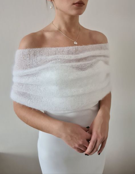 *MARY* wrap This shoulder wrap will beautifully cover the shoulders during the ceremony. It is a great complement to your outfit that provides both warmth and style This wrap is also a great idea for your loved ones * Soft feather light yarn * 60% finest mohair, 40% polyamid * Made by your personal measurement * Elegant off the shoulder style * Closure for decorative use only * 100% handmade CARE Gentle hand wash 30 degrees Lay flat on surface to dry and iron with steam if necessary with a prote Winter Evening Dresses, Bridal Cape Winter, Winter Wedding Shawl, Warm Dress, Winter Bridal Showers, Dress Cape, Bridal Cover Up, Bridal Shower Outfit, Dress With Shawl