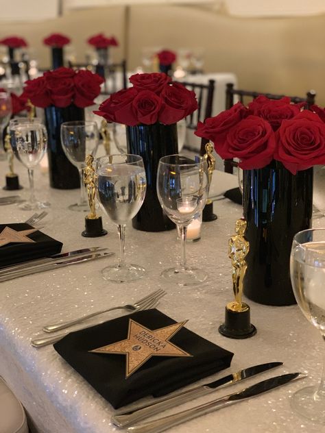 Hollywood Table Setting, Red Carpet 60th Birthday, Hollywood Red Carpet Centerpiece, Hollywood Glam Party, Old Hollywood Banquet, Hollywood Theme Prom, Red Carpet Corporate Event, Hollywood Sweet 16, Hollywood Glamour Party