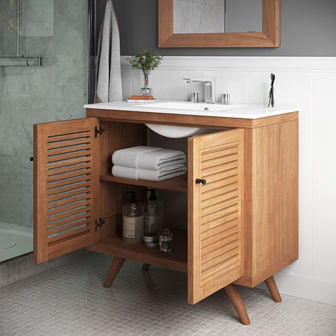 Birdie 36" Teak Wood Bathroom Vanity Cabinet (Sink Basin Not Included) - Bed Bath & Beyond - 39308806 Teak Wood Bathroom Vanity, Small Wooden Vanity Bathroom, 36” Bathroom Vanities, 36” Bathroom Vanity, Bathroom Vanity 24 Inch, Teak Wood Bathroom, Bathroom Basin Cabinet, Small Attic Bathroom, Earthy Bathroom