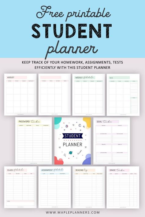 Stay organized and keep track of your school assignments, homework,   tests, grades and everything school related with this free printable student planner. #studentplanner #freeprintable Academic Planner Printables Free, Planer For School, Free School Planner Printables, Free Study Planner, Academic Planner Template, School Planner Printables, Revision Planner, Study Planner Printable Free, Back To School Planner