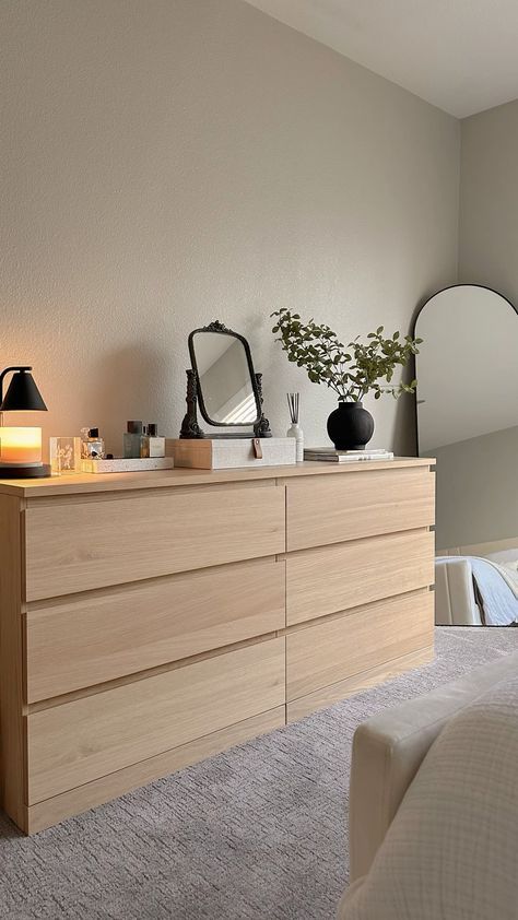 Beige Bedroom Accessories, Minimal Bedroom Dresser, Bedroom Inspo With Dresser, Bedroom Drawers Decor, Drawers Aesthetic Room, Realistic Room Ideas Bedroom, Greige Bedroom Decor, Dresser Aesthetic Bedroom, Ikea Malm Dresser Decor