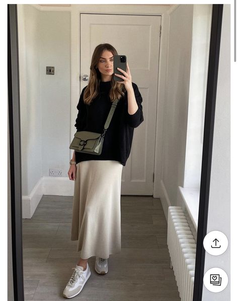 Cream Silk Skirt Outfit Winter, Aritzia Midi Skirt, Satin Skirt Sweatshirt, Taupe Satin Skirt Outfit, Aw23 Fashion Trends Women, Satin Beige Skirt Outfit, Knit Maxi Skirt Outfit Winter, Soft Chic Style, Gonna Satin Outfit