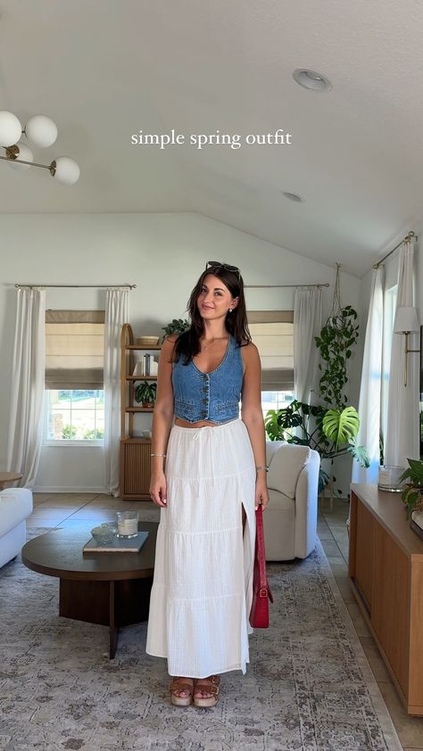 Camila Skirt in White curated on LTK Mid White Skirt Outfit, White T Shirt And Skirt Outfit, Long White Skirt Styling, Italy Casual Outfit, Flowy Long Skirt Outfit, White Skirt Styling, Denim Vest White Skirt, White Maxi Skirt Outfit Summer Casual, White Skirts Outfits