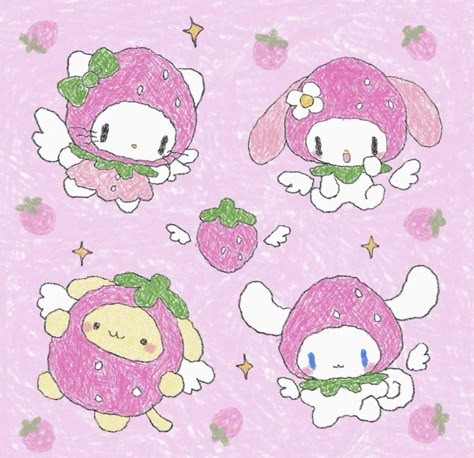 Sanrio Fanart, My Melody And Friends, Comforting Images, Sanrio And Friends, Strawberry Drawing, Strawberry Stuff, Cute Widgets, Sanrio Art, Kawaii Kei