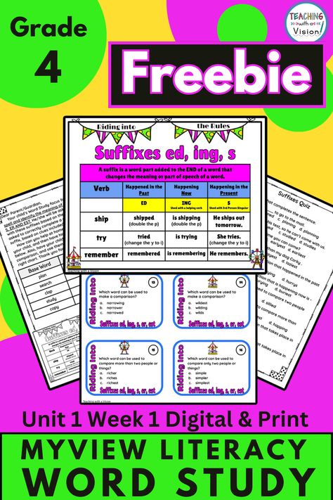 Freebie for myView Literacy 4th Grade, Unit 1 Week 1 Word Study. 35 pages of Task Cards, Anchor Charts, Quiz, Parent Letter & More. Digital & Print Myview Literacy, 5th Grade Activities, Base Words, Dear Parents, Letter To Parents, Word Study, Parts Of Speech, Grade 5, Elementary Education