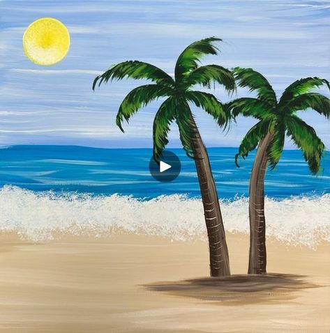 Beach Painting Tutorial, Paint Palm Trees, Easy Beach Painting, Tree Painting Easy, Palm Tree Background, Beach Scene Painting, Beach Drawing, Palm Tree Beach, Oil Painting For Beginners