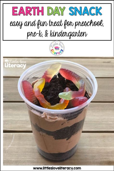 Earth Day books & snacks for preschool, prek, & kindergarten. Great activities for kids to use at home or in the classroom with your students {April lesson plans}. The snack is Dirt and Worms...easy to make and fun to eat! Post includes full recipe, which is made with pudding and Oreos. Book suggestions include both fiction {such as The Lorax by Dr. Seuss} and nonfiction. These ideas are sure to make your kids happy and help them learn to take care of our Earth! #littlesloveliteracy #earthday Literacy Cooking Activities Preschool, Preschool Food Activities Easy Recipes, Spring Food Activities For Kids, Classroom Food Activities, Preschool Snack Activities, Spring Cooking Activities For Preschool, Easy Cooking Activities For Preschool, Easy Cooking Activities For Kids, Classroom Snacks For Kids Kindergarten