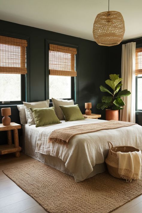 dark green walls with jute rug and natural fiber textiles Rooms With Dark Green Walls, Navy Green Bedroom Ideas, Green Carpet Bedroom Ideas, Dark Green And Neutral Bedroom, Green Men’s Bedroom Ideas, Dark Green Bedroom Decor Ideas, Deep Green Accent Wall Bedroom, Dark Green Guest Bedroom, Green Walled Bedroom