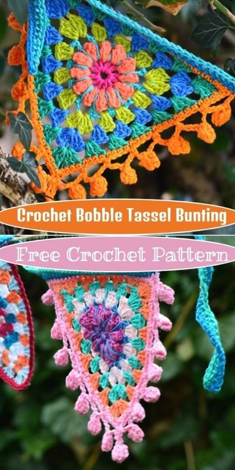 Crochet Boho Bunting, Crochet Triangle Bunting, Crocheted Bunting Free Pattern, Crochet Bunting Ideas, Crochet Bunting Garland, Boho Crochet Free Patterns, Crochet Tassels How To, Crochet Motif Patterns Free, Crochet Garland Pattern Free