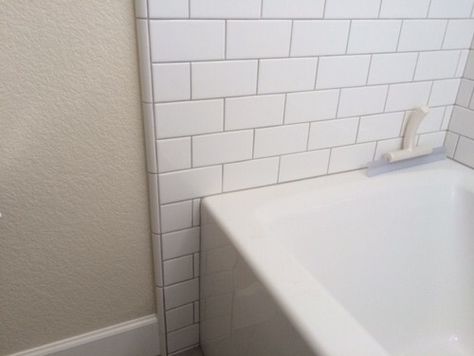 Bullnose tile edge Trim In Bathroom, Schluter Trim, Tile Around Tub, Tile Around Bathtub, Gray Grout, Tile Tub Surround, Subway Tiles Bathroom, Bathtub Tile, Bullnose Tile