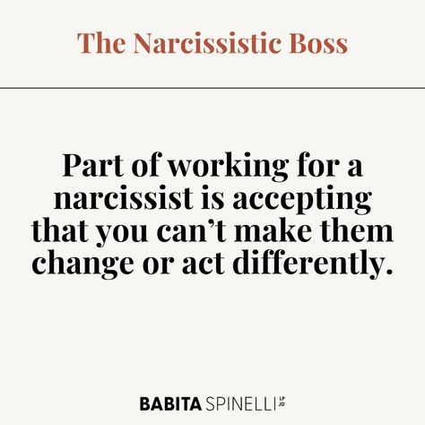 Working for a boss with narcissistic traits can be incredibly challenging. The frustration intensifies when they seem oblivious to the impact of their behavior on others. But here's the silver lining - understanding that you can't force them to change or behave differently. Your power lies in the choices you make and the actions you take. Embrace the empowerment that comes with recognizing your ability to decide how you respond. Read more in my article "So Your Boss Is A Narcissist... Now, What?" linkedin.com/pulse/so-your-boss-narcissist-now-what-babita-spinelli-lp-jd/ Narcissistic Boss Quotes, Narcissistic Boss, Narcissistic Traits, Boss Quotes, Silver Lining, Now What, Affirmations, Force, Quotes