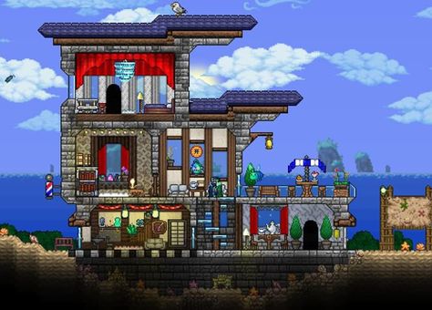 A beach house i made for the Stylist! Terraria Stylist, Terraria Houses, Terraria House Ideas, Terraria House Design, Terraria House, Terraria Builds, Raised House, Building Concept, Pixel Games