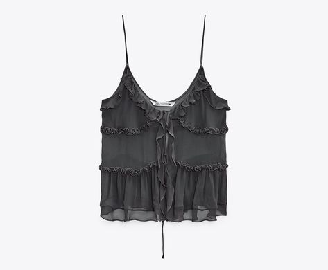 Zara Ruffle Top, Jean Zara, Ruffled Tops, Mode Zara, Semi Sheer Top, Frill Tops, Black Sheer Top, Stockholm Fashion, Looks Style