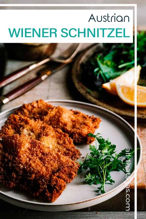 This super delicious classic Wiener schnitzel is easy to make and it's fancy enough to serve to your guests. Veal cutlets are dredged in breadcrumbs and shallow fried for a delicious dinner that's ready in 30 minutes. | allthatsjas.com | #schnitzel #wienerschnitzel #veal #pork #breaded #panfried #allthatsjas #easy #Austrian #cutlet #recipes #homemade #diy Weiner Schnitzel, German Red Cabbage, Cutlet Recipes, Schnitzel Recipe, German Dishes, Red Cabbage Recipes, Schnitzel Recipes, Veal Cutlet, Seared Pork Chops