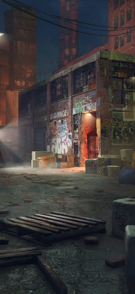 Gang Hideout Concept Art, Scrapyard Aesthetic, Abandoned City Concept Art, Warehouse Concept Art, Junkyard Aesthetic, Broke Aesthetic, Warehouse Aesthetic, Werewolf Comic, Urban Hell