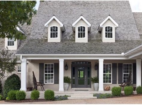 taupe house with black shutters | Home / Sherwin-Williams colors Tony Taupe (Brick), Black Fox (Shutters ... Brick Columns, Painted Brick House, Paint Color Inspiration, Exterior Paint Color, Exterior Paint Colors For House, Painted Brick, Design Exterior, Farmhouse Exterior, House Paint Exterior