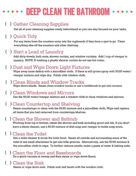 How to deep clean the bathroom. Great tips and a free printable to help keep you on track! // cleanandscentsible.com Bathroom Checklist, Bathroom Cleaning Checklist, Clean Baking Pans, Cleaning Painted Walls, Clean Bathroom, Plastic Shower Curtain, Deep Cleaning Tips, Clean Dishwasher, Simple Life Hacks