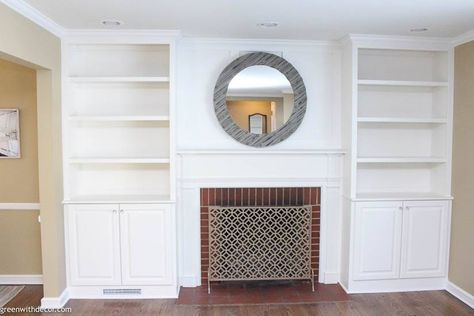 Board And Batten Above Fireplace, Builtins Fireplace, Fireplace With Bookshelves, Bookshelves Around Fireplace, Fireplace Bookcase, Built In Around Fireplace, Family Room Layout, Above The Fireplace, Fireplace Bookshelves