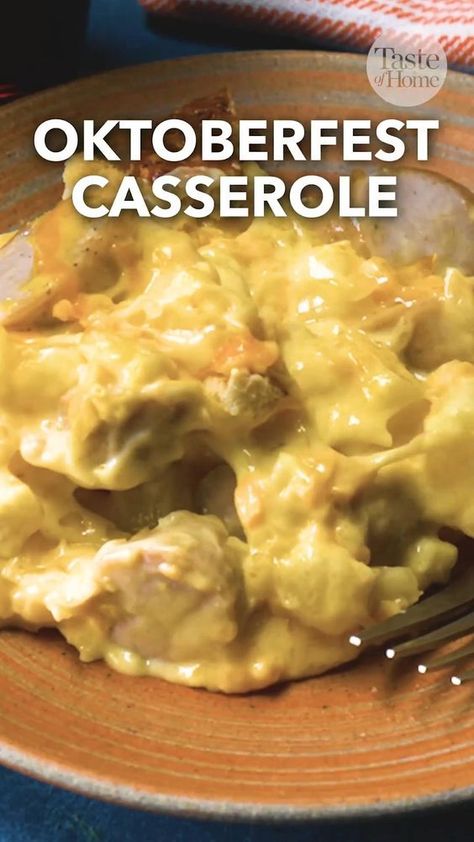 In northeastern Ohio, we love German flavors. This delicious casserole is a trifecta mashup of my favorite dishes. It combines the flavors of classic cheesy hash brown casserole with bratwursts and sauerkraut, pretzels and beer cheese. It takes less than 10 minutes to mix and takes only one bowl. It's sure to please everyone any time of the year. —Sarah Markley, Ashland, Ohio #oktoberfest #casserole #dinners Pretzels And Beer Cheese, Ohio Recipes, Cheap Casserole Recipes, Cheesy Hash Brown Casserole, German Food Authentic, Yummy Casserole Recipes, Oktoberfest Food, Austrian Recipes, Fall Comfort Food