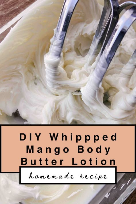 Making this DIY whipped mango body butter lotion is going to quickly become one of your favorites! Not only is it easy to make, but it uses only a few simple ingredients to make such a decadent homemade lotion. Whipped Mango Body Butter, Easy Body Butter Recipes, Mango Butter Lotion, Body Butter Recipe Whipped, Natural Sunscreen Recipe, Body Lotion Recipes, Body Butter Recipe Homemade, Mango Body Butter, Diy Body Lotion