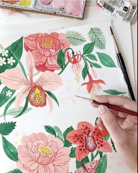 Oana Befort, Plant Doodle, Gouache Art, Floral Drawing, Floral Pattern Design, Plant Painting, Print Inspiration, Flower Doodles, Plant Art